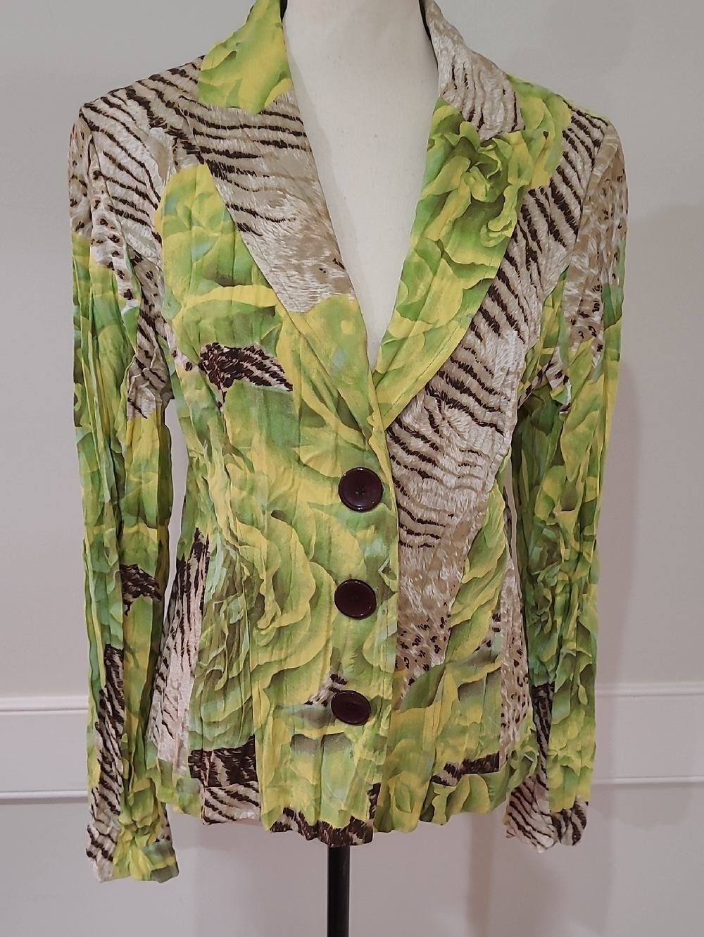Alberto Makali Green Floral Print with Animal Style Accents Blazer - Size 12